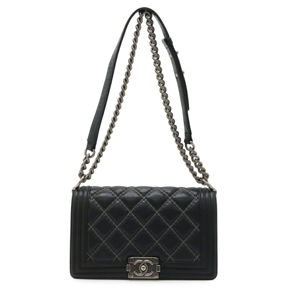 CHANEL Boy Chanel 25 Coco Mark Beaded Chain Shoulder Bag Leather Black Silver